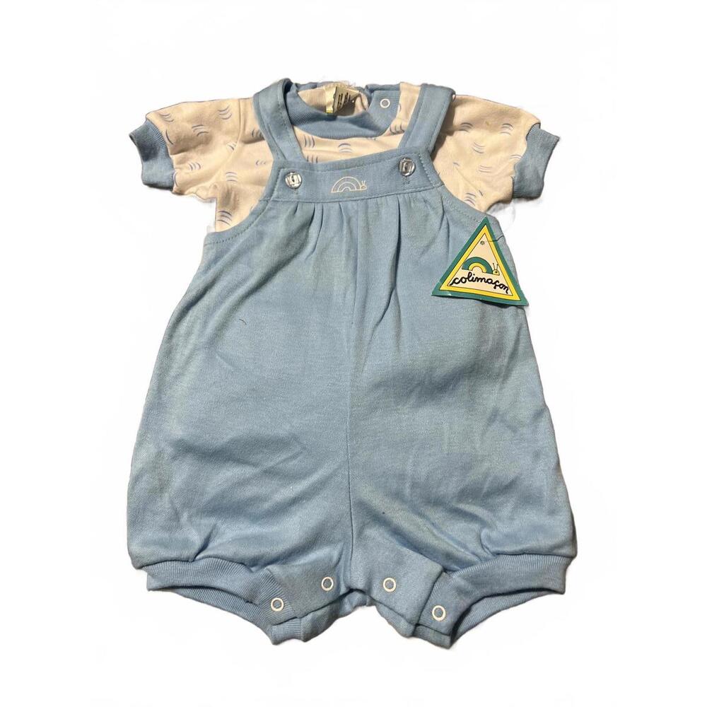 Vintage Colimacon Baby Romper with Blue Overalls White 0/3m